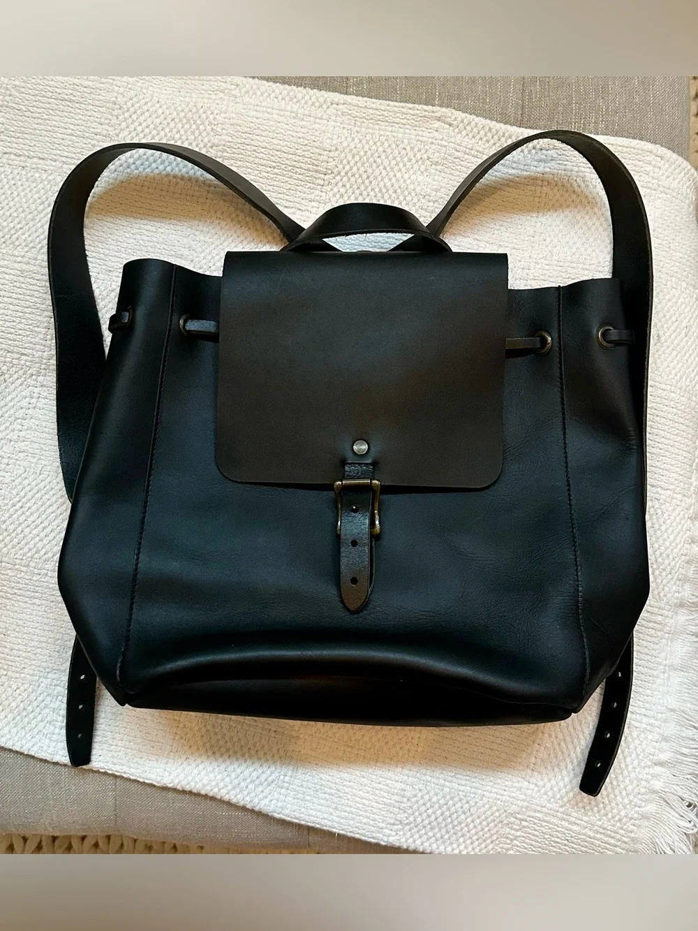 Wp Standatd Minimal Black Leather Backpack with Buckle Flap NEW
